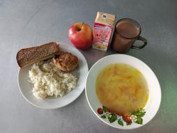 Неделя витаминизации 18.09.2025 Суп картофельный с макаронными изделиями, рис, котлета куриная, какао, хлеб ржаной, хлеб пшеничный, коктейль молочный, яблоко